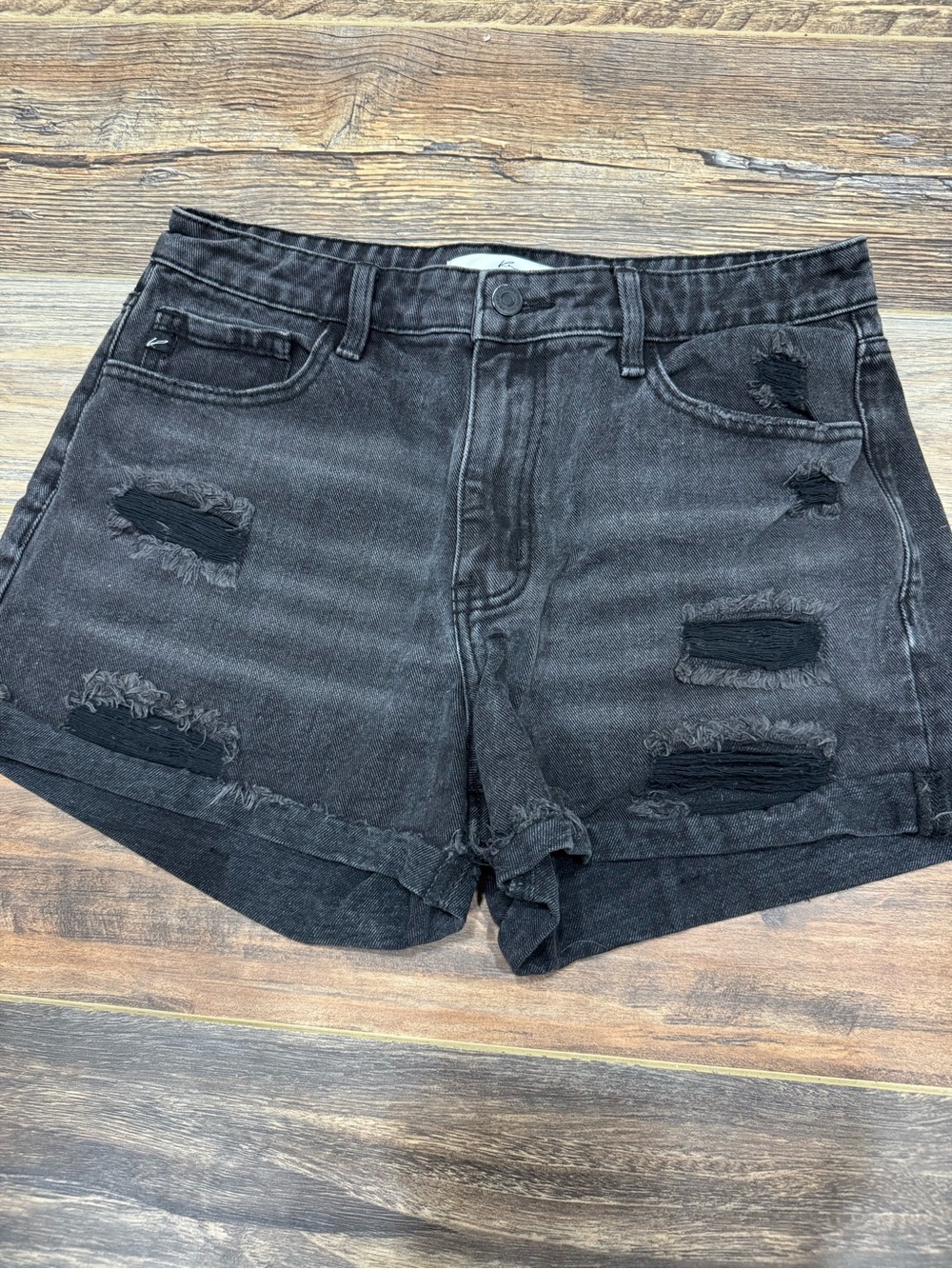 KanCan Charcoal Black Distressed High Waist Denim Shorts
